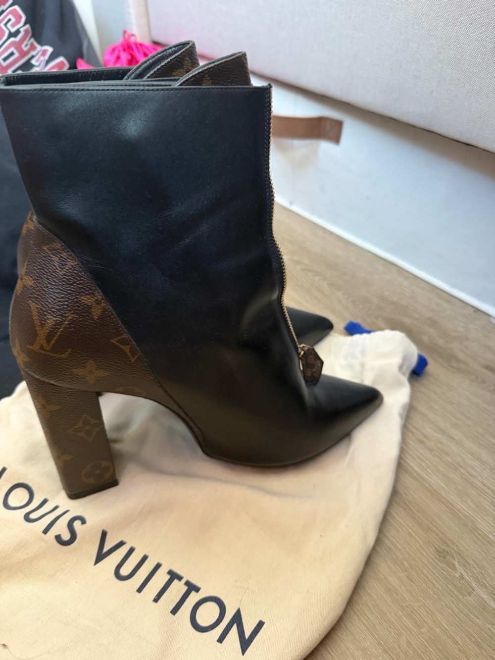 Louis Vuitton Matchmake Black Leather & Monogram Block Heel Pointed Ankle Boots